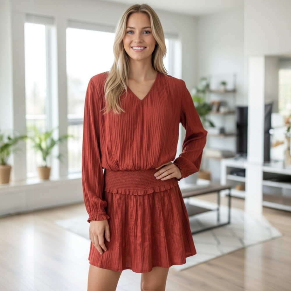 Women's Red Pleated Long Sleeve V-Neck Mini Dress Smocked Waist Flowy Size Small